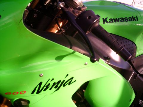 2005 Kawasaki Ninja R - Close-up of a green Kawasaki Ninja 600 motorcycle's bodywork, showing the Ninja and 600 decals.