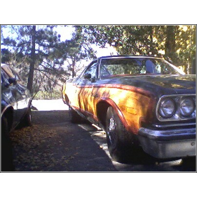 1973 Ford Ranchero - A 1972 Ford Ranchero with distinctive woodgrain and flame decals is seen from a three-quarter front angle.