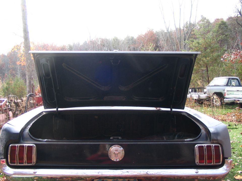1966 Ford Mustang rear with open trunk and badge