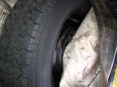 1966 Ford Mustang - Close-up of a spare tire and the trunk's interior lining, showing fabric textures and some dirt.