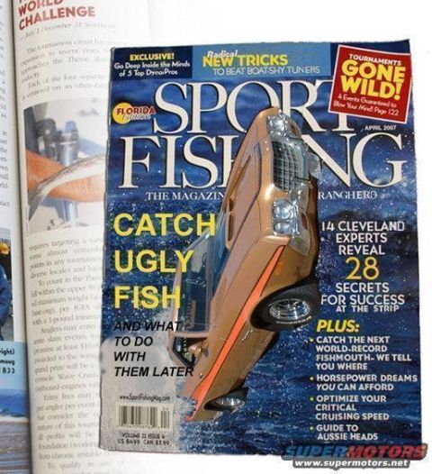 1975 Ford Torino - A toy car is placed on the cover of a Sport Fishing magazine.