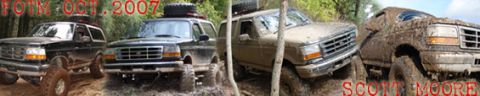 1996 Ford Bronco - Four Ford Broncos navigate a muddy off-road course, as indicated by the text "FOTM OCT. 2007" and "SCOTT MOORE" overlayed on the image.