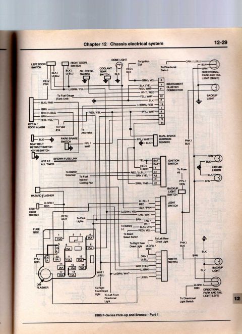 1986 Ford Bronco - This diagram details the electrical system components and their connections for a 1986 F-Series pickup and Bronco.