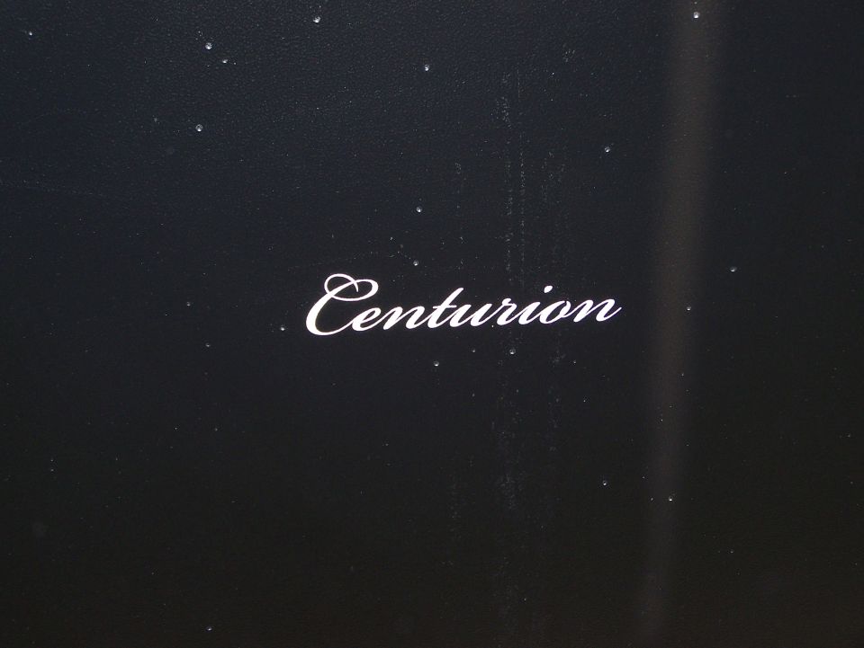White cursive text 'Centurion' on a black background