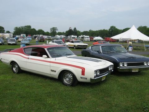 1969 Ford Torino - Two 1969 Ford Torinos are displayed on a grassy field under a cloudy sky, with other vehicles and tents in the background.