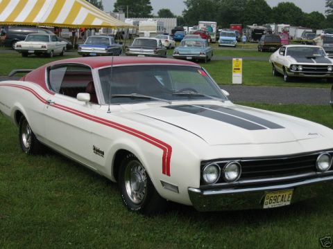 1969 Ford Torino - A white 1969 Ford Torino with red racing stripes and a red roof is parked on grass at an outdoor event.