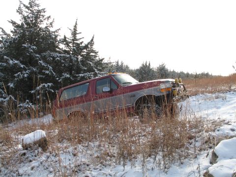 1995 Ford Bronco - A two-tone Ford Bronco sits in a winter landscape, partially obscured by dry grass and snow.