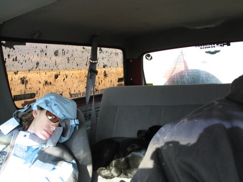 1995 Ford Bronco - A person sleeps in the passenger seat while a dog rests in the back of a vehicle.