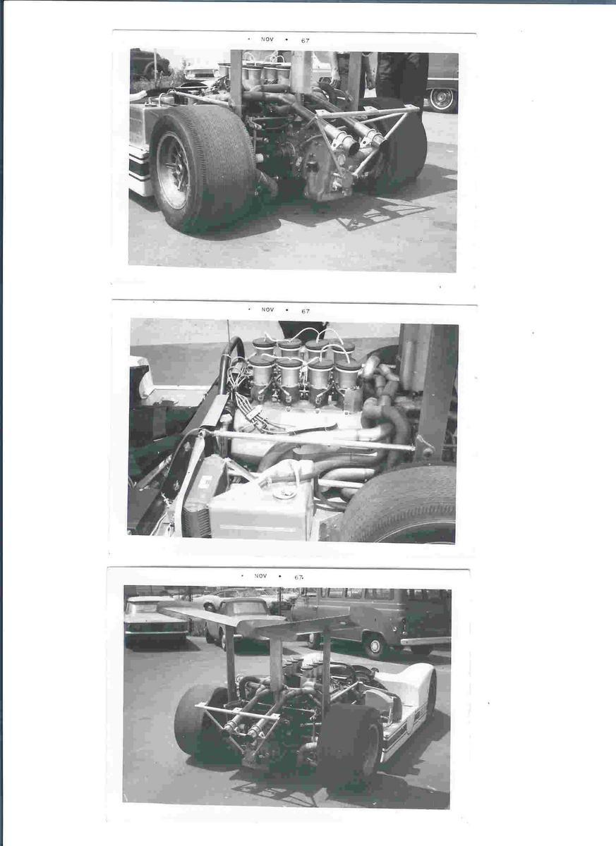 Three vintage black-and-white photos of a 1960s Can-Am race car showing its exposed rear V8 engine and rear wing.