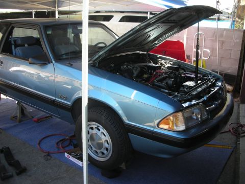 1990 Ford Mustang - A light blue 1990 Ford Mustang is parked on jack stands with its hood open, revealing the engine compartment.
