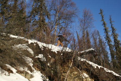 2003 Jeep TJ - A person stands on a snow-covered embankment surrounded by trees.