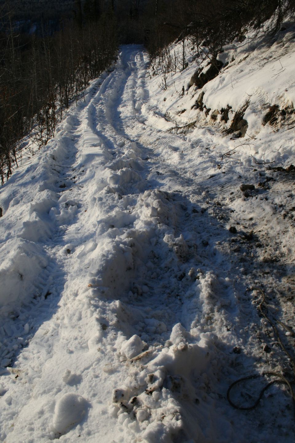 Tire tracks in snow on a dirt road leading uphill