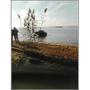 1995 Dodge 1500 - Vehicle partially submerged at the water's edge on a sandy shore.