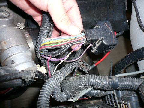 1996 Ford Probe - Disconnecting a complex wiring harness connector in the engine compartment.