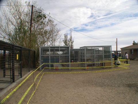2007 Toyota FJ Cruiser - Caution tape surrounds outdoor enclosures under a cloudy sky.