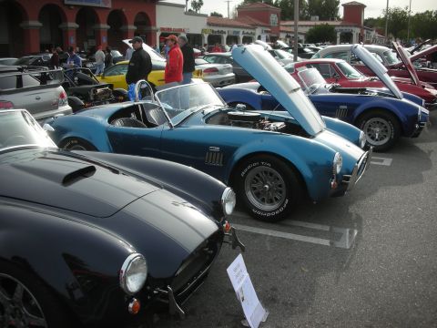 1998 Ford Crown Victoria - Several blue and black Shelby Cobra-style roadsters are lined up nose-out at a busy outdoor car show.