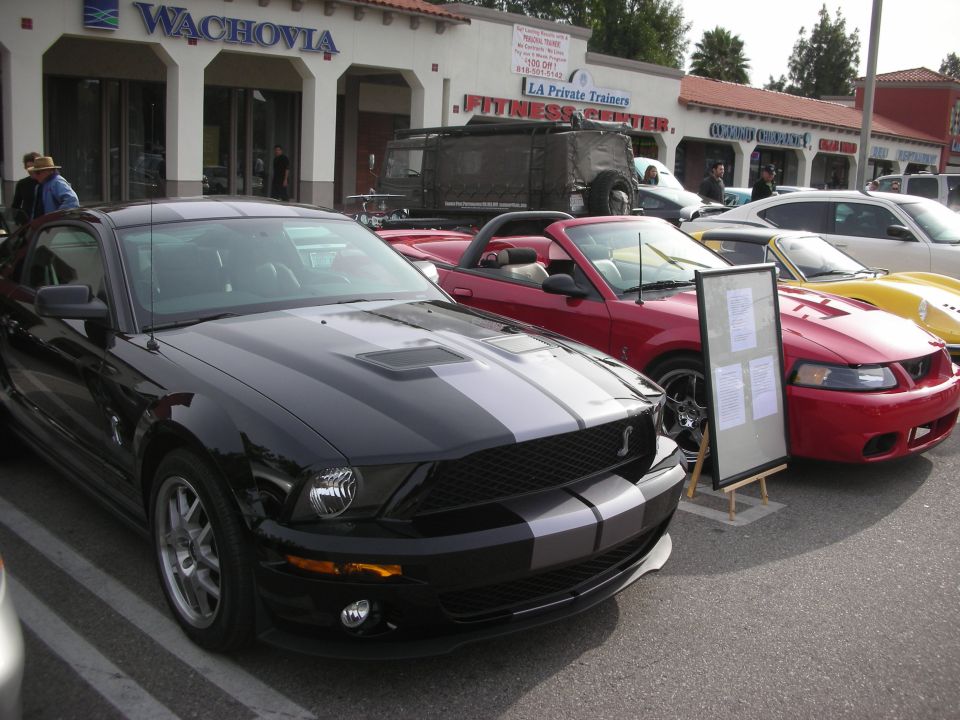 Black Shelby GT500 Mustang with silver stripes beside a red convertible at a show