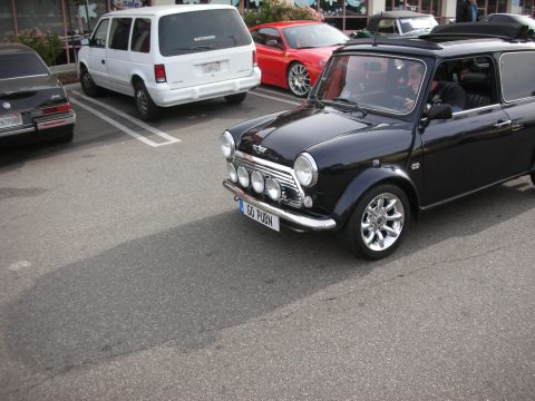 1998 Ford Crown Victoria - Front three-quarter view of a black classic Mini Cooper with three chrome driving lights and silver wheels, in a lot beside a white van.