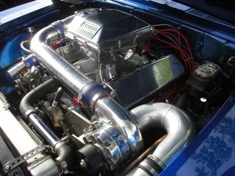 1998 Ford Crown Victoria - Highly polished supercharged V8 engine with chromed piping and red plug wires in a blue car's engine bay.