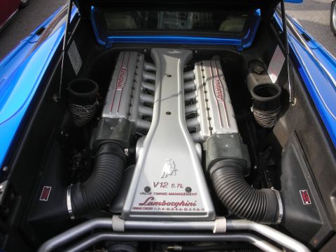 1998 Ford Crown Victoria - Exposed Lamborghini V12 5.7L engine with silver cam covers in the engine bay of a blue Diablo.