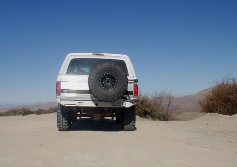 1996 Ford Bronco - Rear view of a 1996 Ford Bronco with a spare tire on the tailgate, parked outdoors.