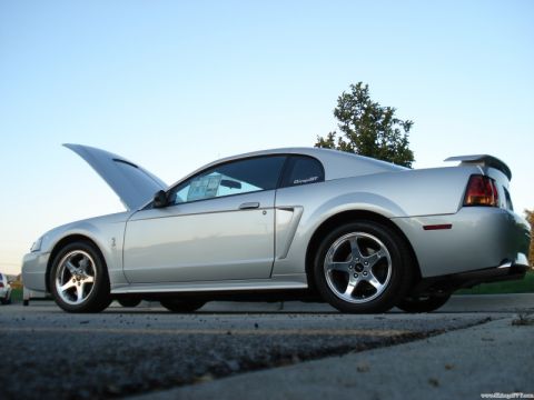 1998 Ford Taurus - Silver coupe with hood open, seen from the side. The body style suggests a 1999 Ford Mustang.