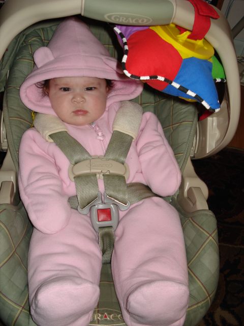2000 Ford Crown Victoria - Baby in a pink snowsuit secured in a car seat with a toy overhead.