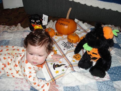 2000 Ford Crown Victoria - A baby lies on a quilt surrounded by pumpkins and stuffed animals, with one pumpkin labeled 'EMELIA'S PUMPKIN'.