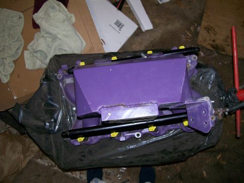 1988 Ford Bronco - Purple intake manifold with fuel rails, likely for an engine rebuild or upgrade.