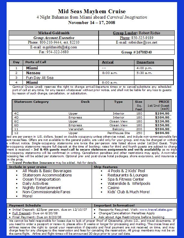 Cruise document with itinerary and pricing