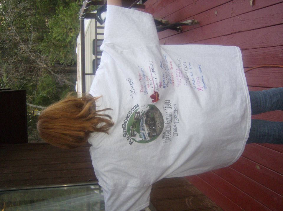T-shirt with graphic of a 1993 Ford Bronco and signatures