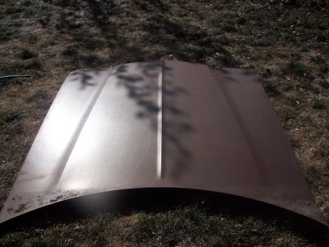 1972 Ford Ranchero - A single car hood, brown and weathered, rests on a grassy surface under dappled sunlight.