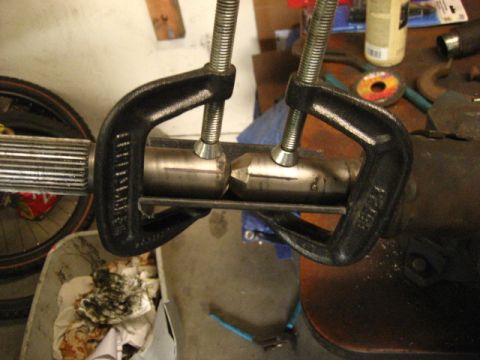 1989 Ford Bronco - grafting spline #1 onto shaft #2. angle iron jig.