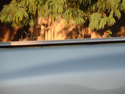 2007 Kawasaki Ninja - A portion of a white vehicle is visible in the foreground, with a tree and fence in the background.