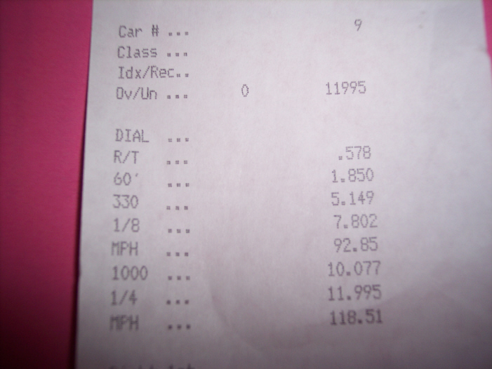 Drag strip timeslip document with car number 9, dial, R/T, 60', 330, 1/8, MPH, 1000, 1/4, and MPH data
