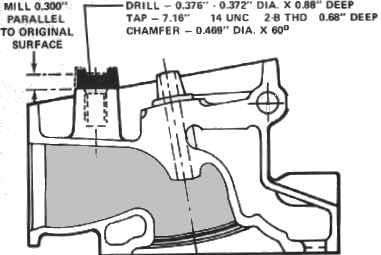1972 Ford Ranchero - Dimensioned cross-section machining drawing showing drill, tap, mill and chamfer specifications for a cast part.