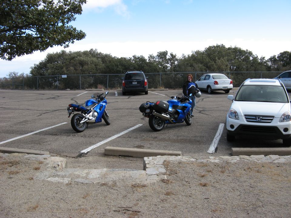Two blue motorcycles parked in a lot with a white SUV and a dark minivan