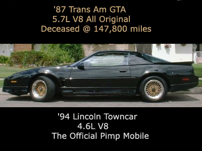 1994 Lincoln Town Car - This black coupe with gold mesh wheels is identified as a 1987 Trans Am GTA.