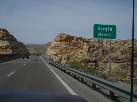 1989 Ford F-250 - Driving on a highway through a canyon with a sign for Virgin River.