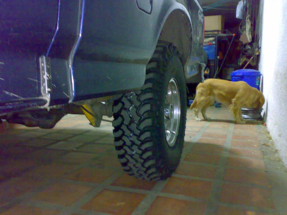 Low side view of dark blue pickup with mud-terrain tire on polished wheel in tiled garage