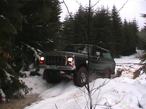 1979 Ford Bronco - A dark 1979 Ford Bronco navigates a snowy, wooded path, demonstrating its off-road capability.