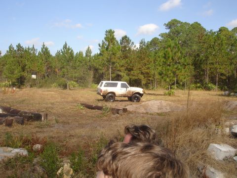 1989 Ford Bronco - A white SUV is parked in a clearing surrounded by pine trees, with a person in the foreground.