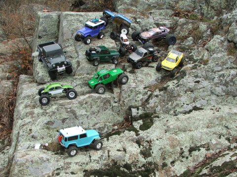 1996 Ford Bronco - A collection of RC rock crawlers are positioned on a mossy, rocky terrain.