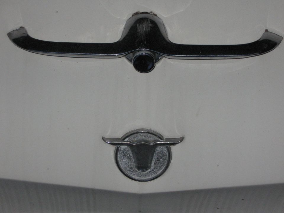 White car hood with chrome bull emblem and horizontal bar