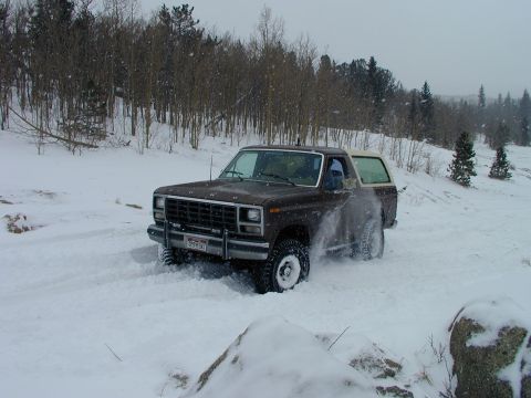 1979 Ford Bronco - A Ford Bronco navigates a snowy, wooded area, with snow spraying from its tires.