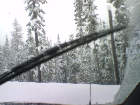 1993 Ford Bronco - View through a snowy windshield shows a forest covered in snow, with a wiper blade partially obscuring the scene.