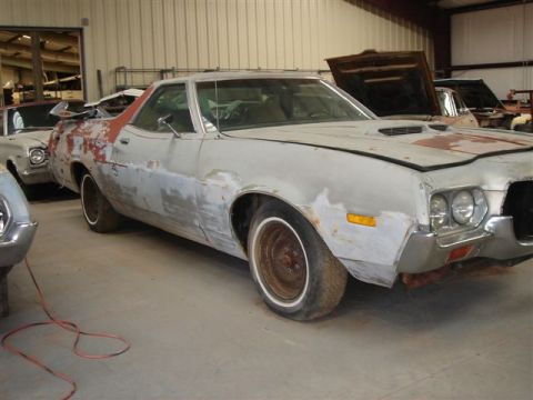 1972 Ford Ranchero - This 1972 Ford Ranchero is undergoing restoration work in a garage setting.