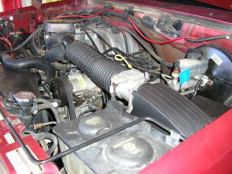 1994 Ford Bronco - Close-up view of the engine compartment, showing various mechanical components and fluid reservoirs.