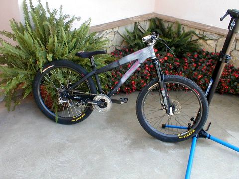 1996 Ford Bronco - A mountain bike is shown on a repair stand with plants in the background.