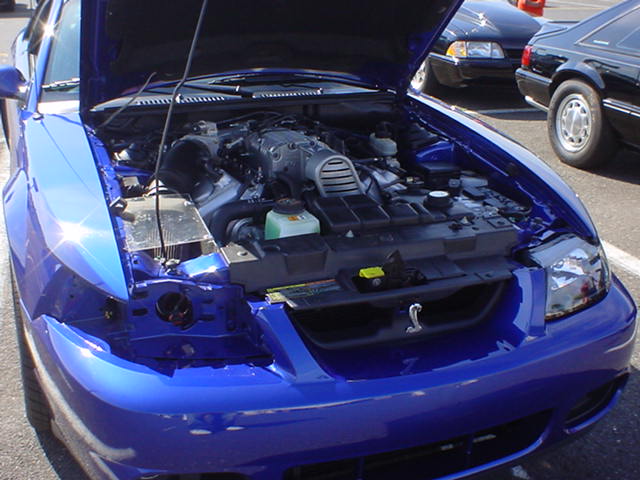 Blue car with hood open, showing engine. Grille has a snake emblem. Another black car is visible behind it
